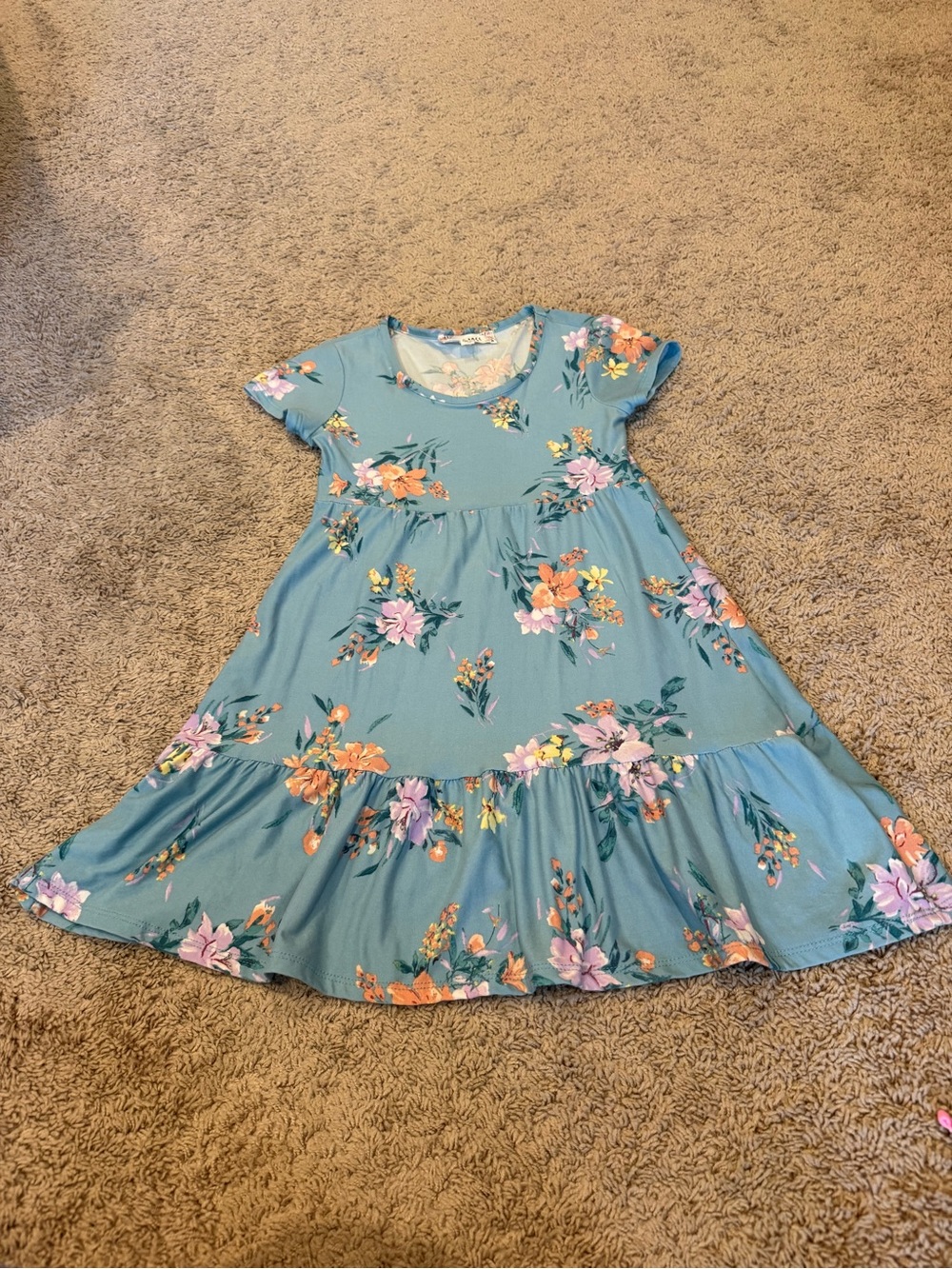 Pink Rose Teal Floral Short Sleeve Tiered Dress size S 7/8